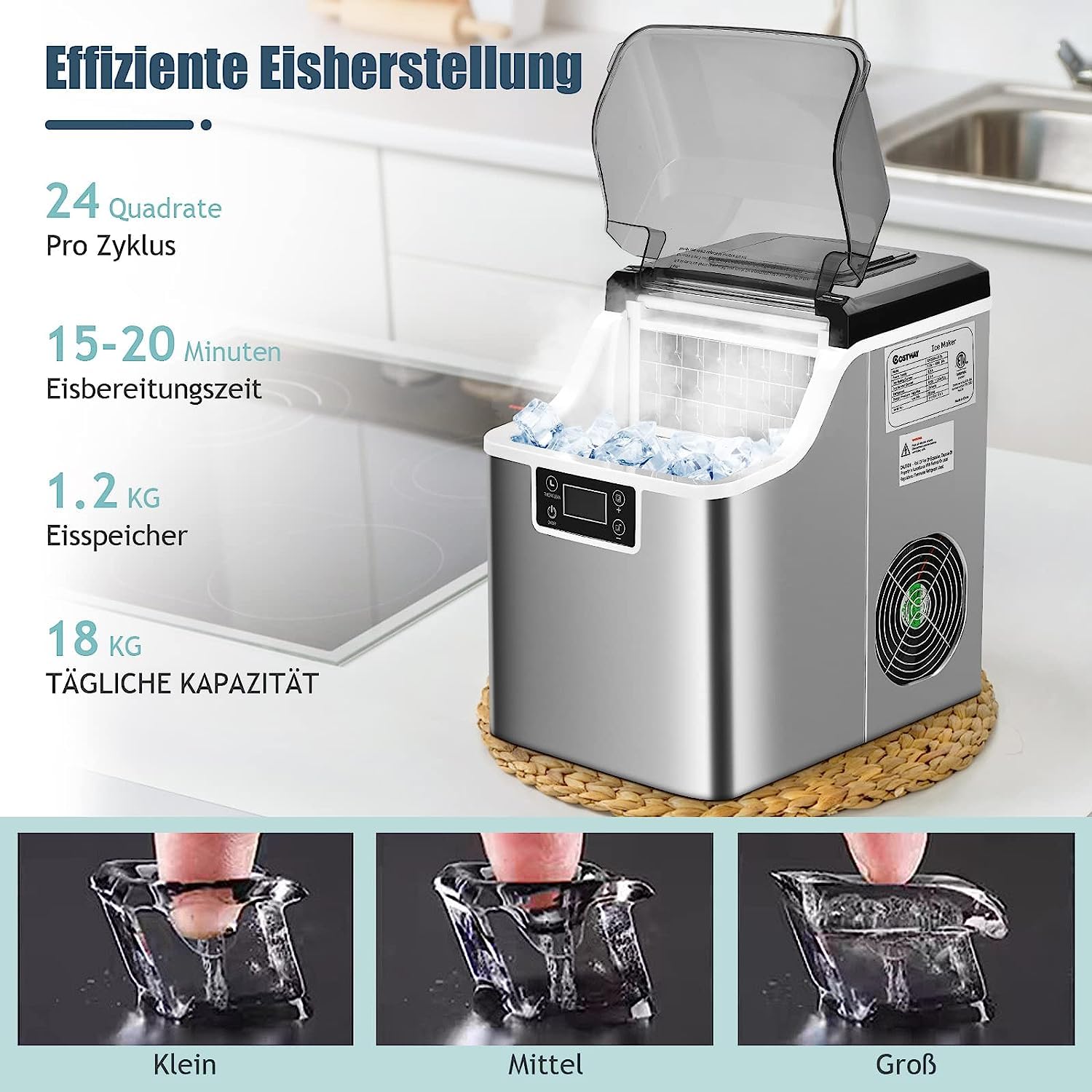 GOPLUS Eiswürfelmaschine, 18 kg/24 Std. Eiswürfelbereiter, Ice Cube Maker mit 3,2 L Wassertank & 1,2 kg Eiskorb & Eiswürfelschaufel, 24 Eiswürfel in 15-20 Minuten, Für Haus Büro Party