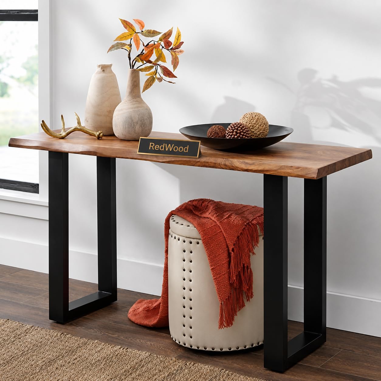 REDWOOD Sheesham Wood Modern Console Table for Living Room | Entryway Hallway Sofa & Fish Tank Table for Home & Office | Wooden Side Entrance Table with Black Iron Metal Legs | Brown Finish-image-17