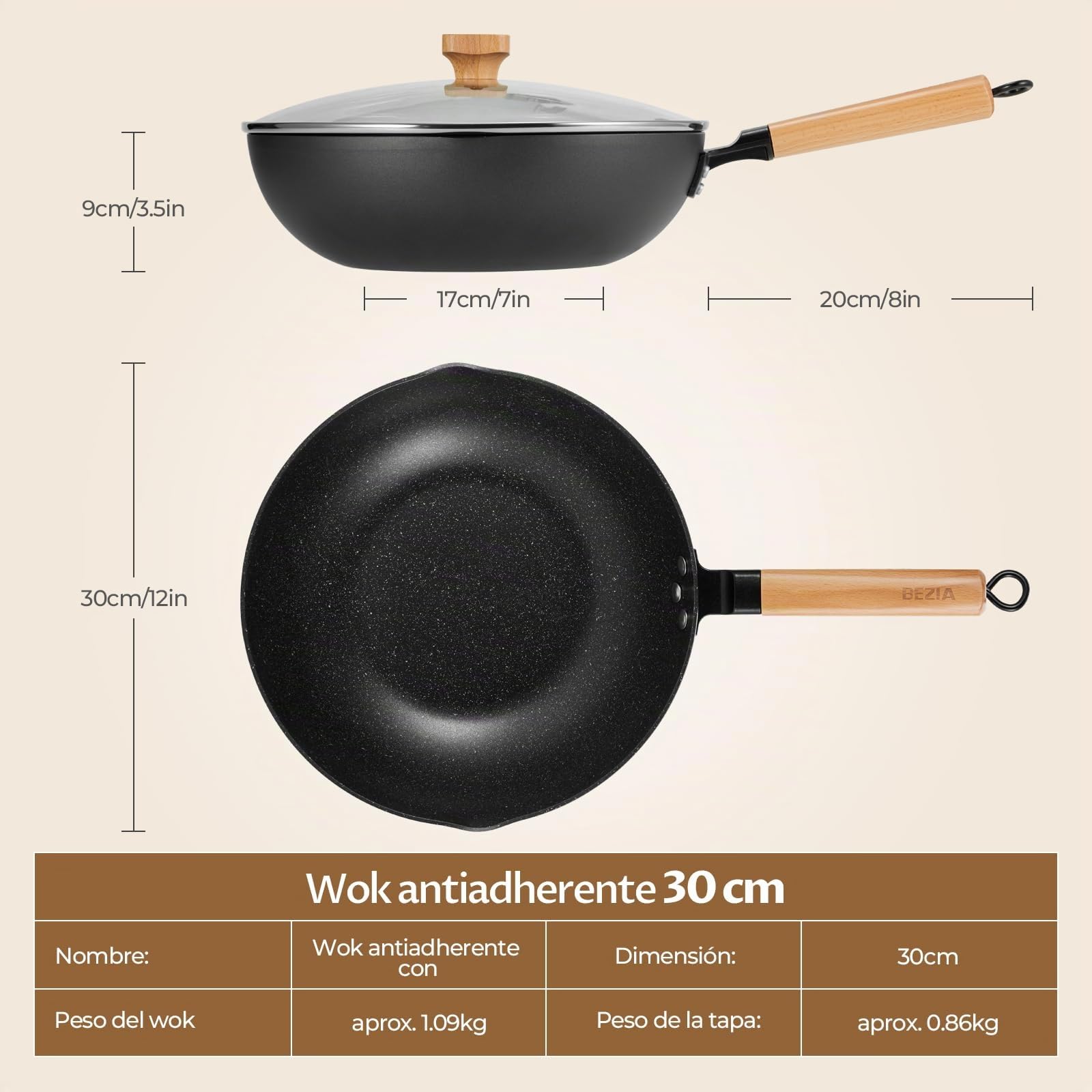 BEZIA Wok de inducción con tapa, sartén antiadherente de 30 cm
