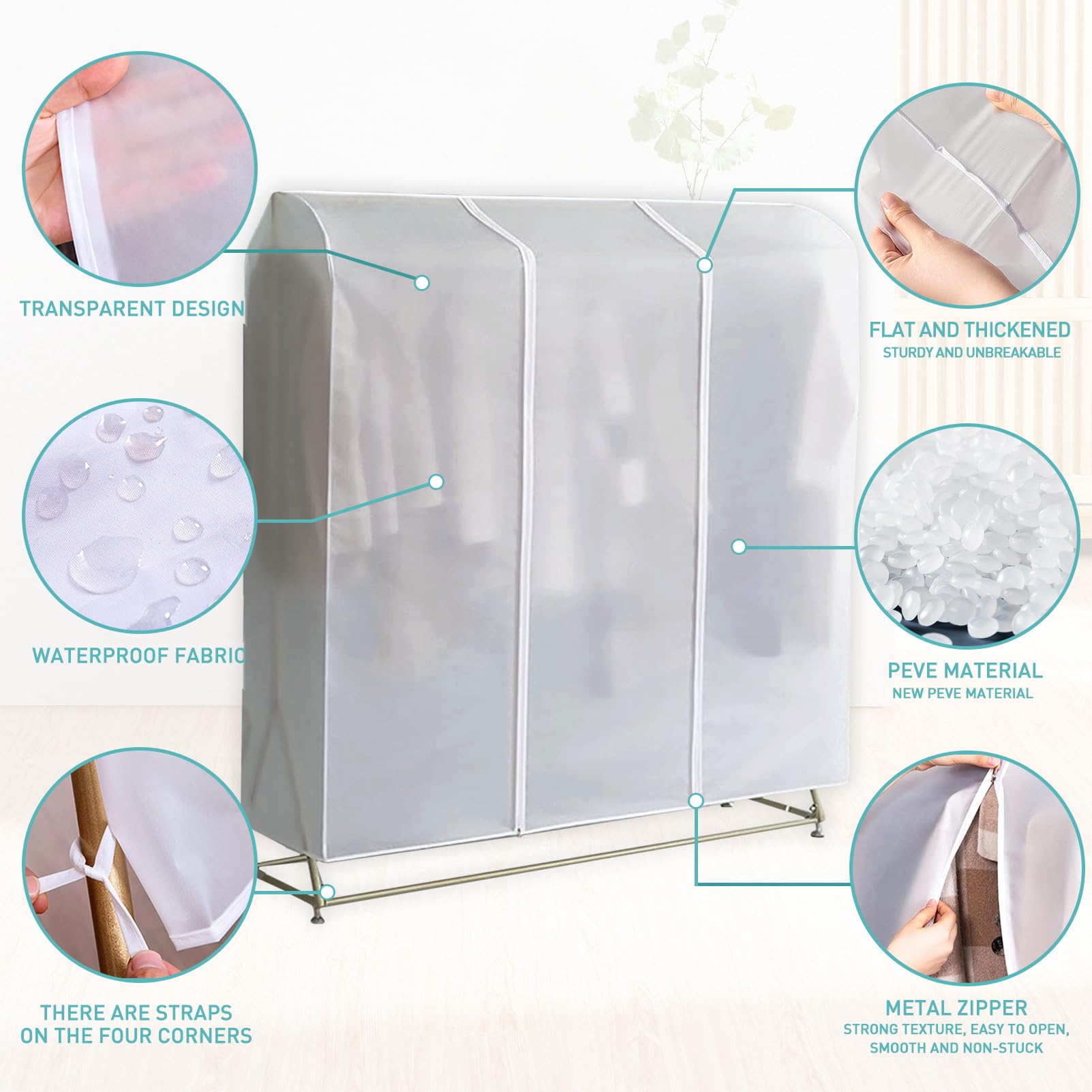 FLYUFO - Housse Transparente Anti-Poussière Pour Porte-Vêtements 50x150x160 Cm - Fermeture Éclair - Protection 270° - 7