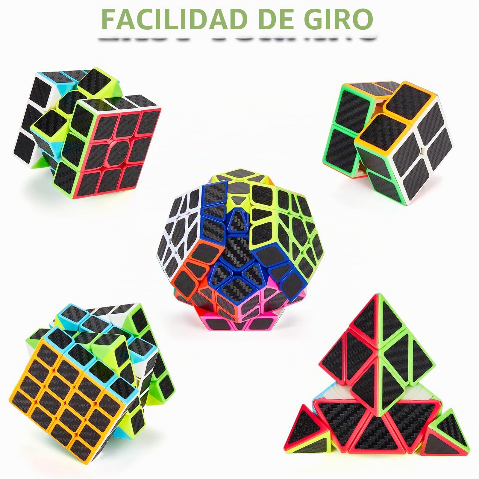 Coolzon Speed Cube Set de Pyraminx + Megaminx + 2x2 + 3x3 + 4x4 Magic Puzzle Cubes 5 Pack Cubo Mágico para Niño Adulto con Adhesivo de Carbono Fibra