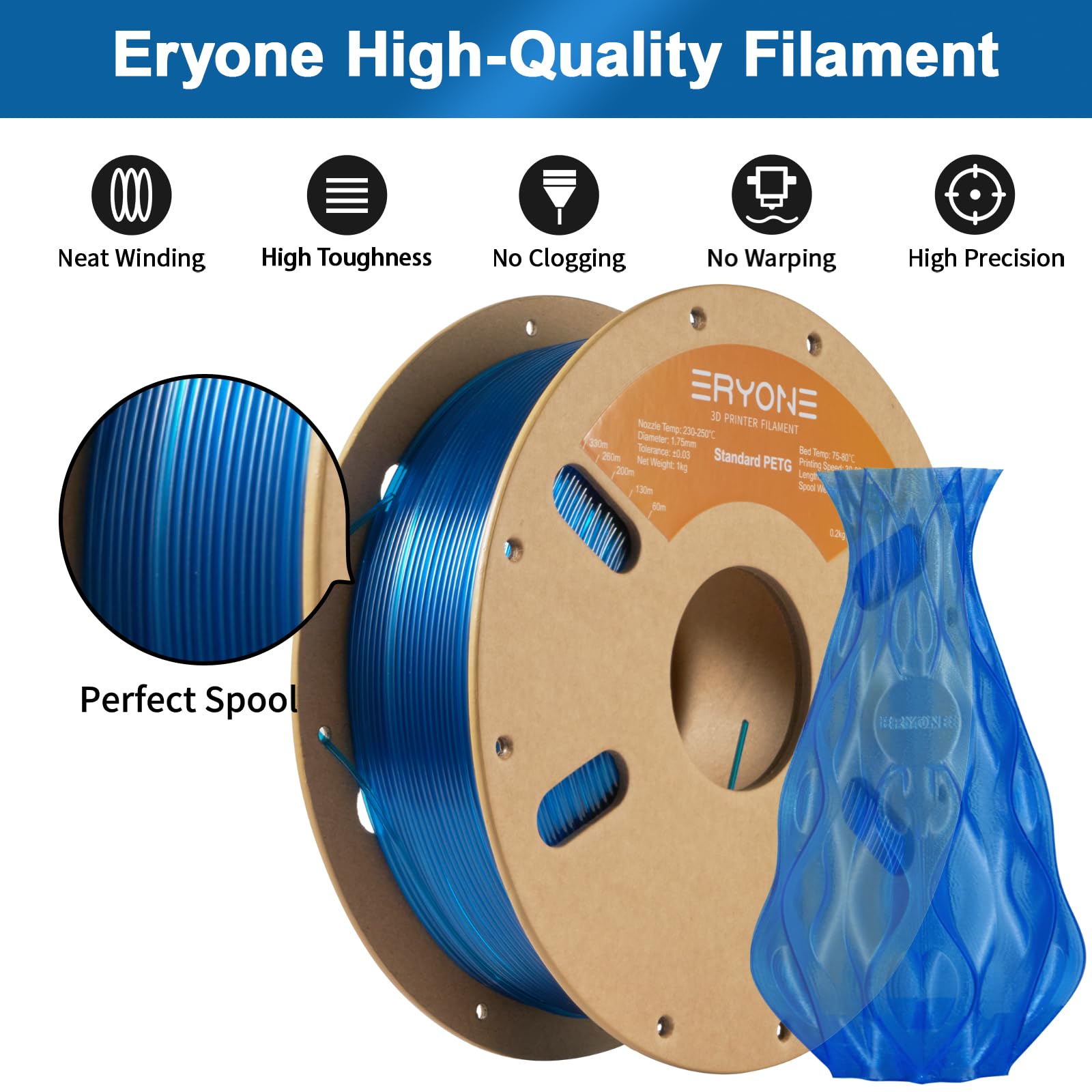 ERYONE PETG Filament 1.75mm, Filament PETG for 3D Printer 1KG, +/-0.03mm, Transparent Blue