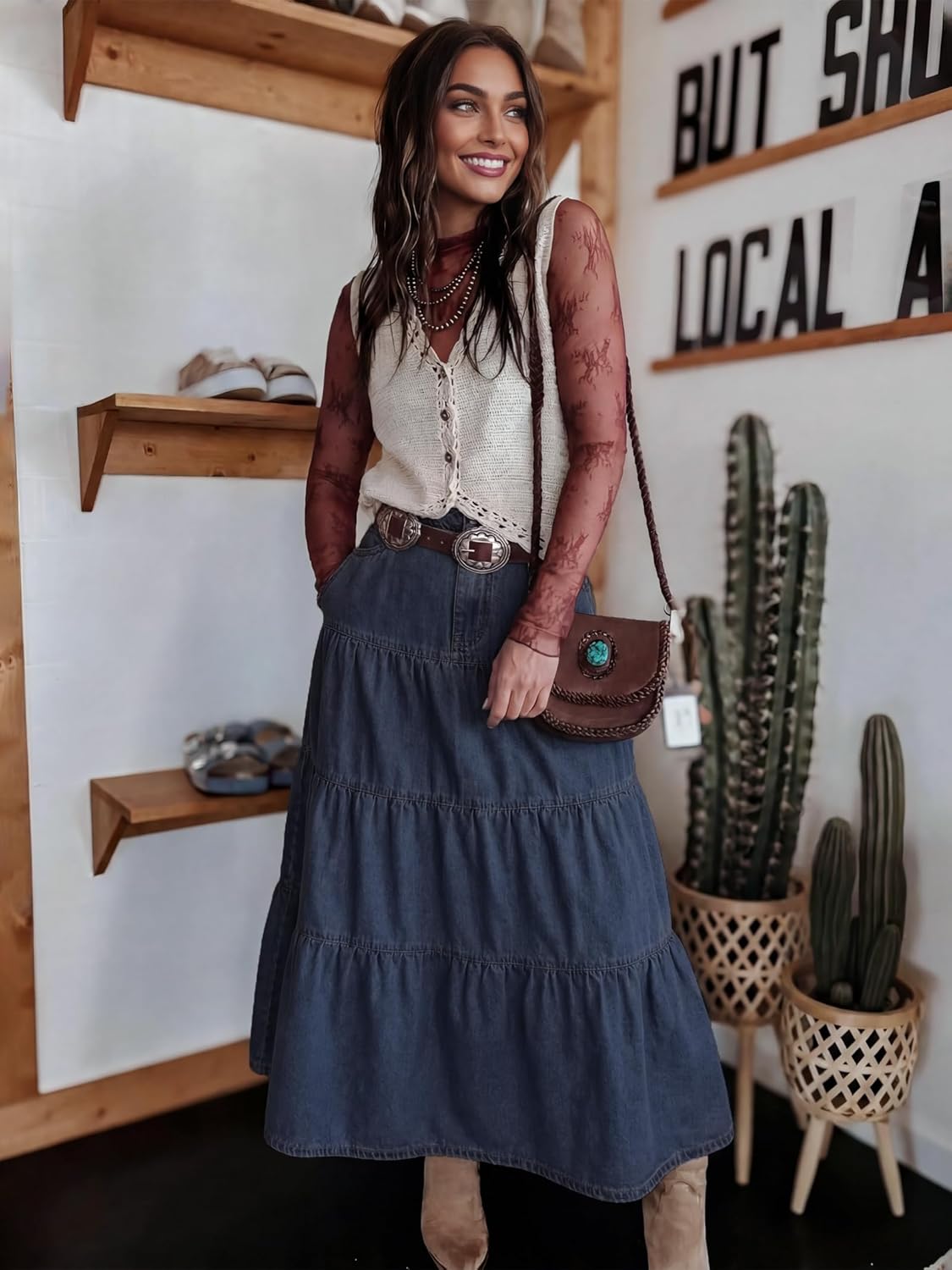 Womens Long Denim Skirt Elastic High Waist Tiered Ruffle Swing A-Line Summer Boho Jean Maxi Skirts with Pockets