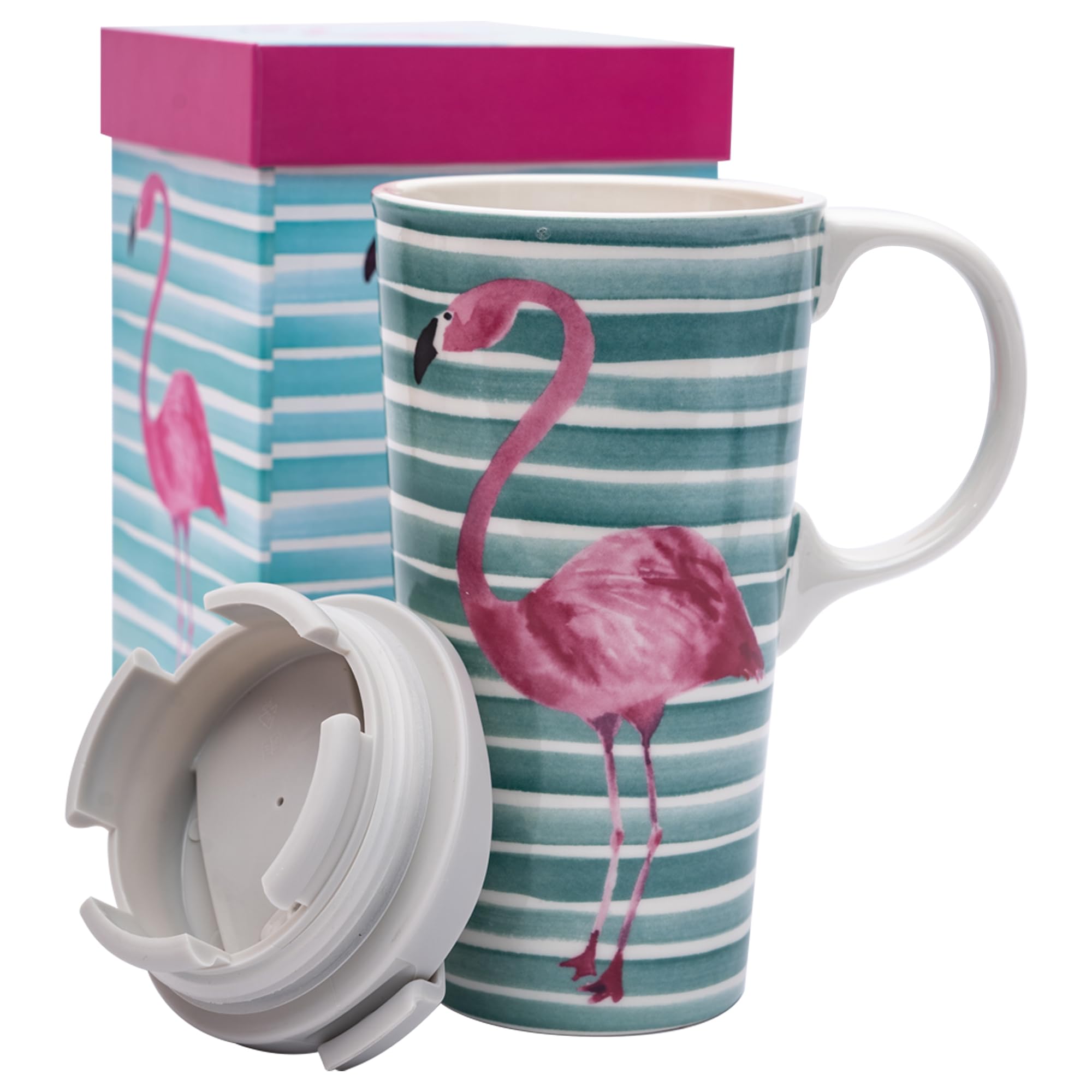 Topadorn Ceramic Travel Coffee Cup with Lid Ceramic Mug with Gift Box, Unique Coffee Mug for Latte & Hot Chocolate, Holiday Office Gift Her Him, Flamingo