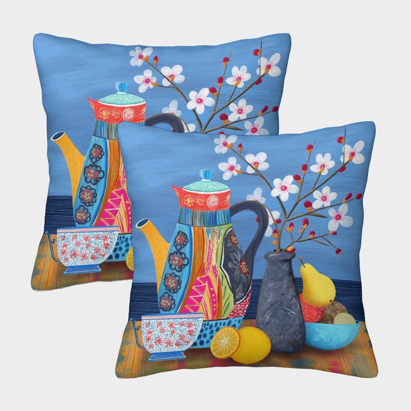 kaiyun 2 Pack Colorful Ceramic Teapot, Cherry Blossoms Pillow Case 50x50cm 3D Printing Cushion Cover,home Decoration Sofa Cushion