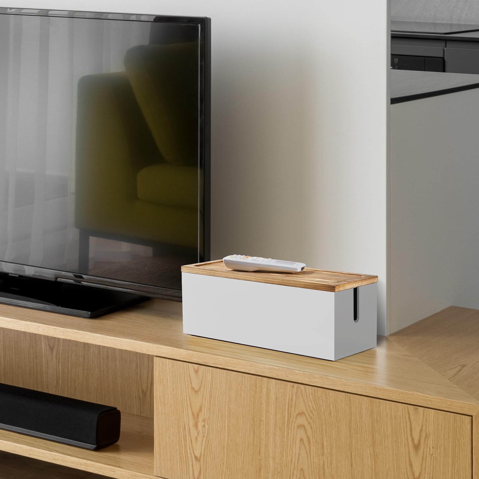 Bivvclaz Grande scatola di gestione cavi, scatola organizer per cavi in legno per sotto scrivania, TV e computer, hub USB per coprire e nascondere prolunghe, fascette per cavi