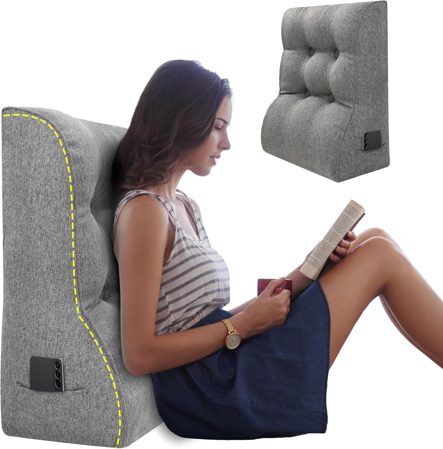 Daneey Reading Pillows for Sitting in Bed Adult, Back Support Pillow for Bed Removable Breathable Cover, Gray