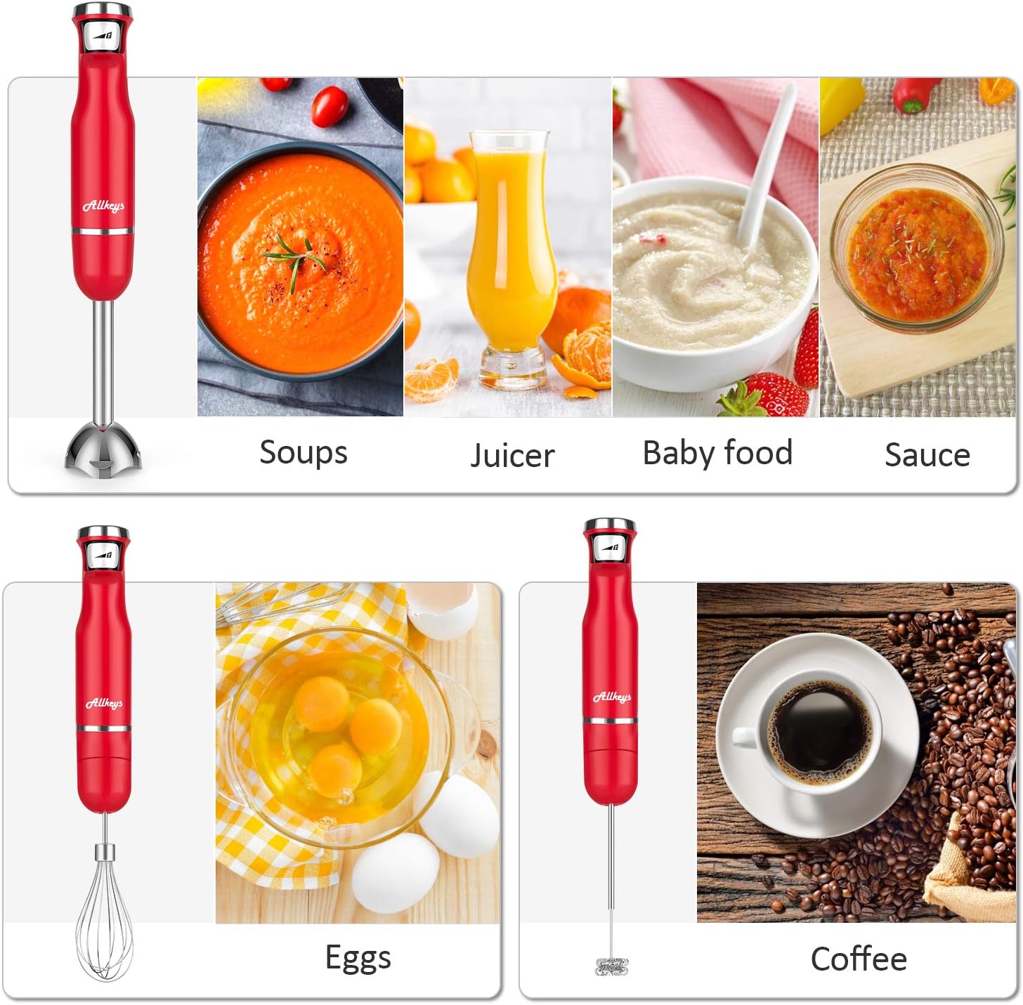ALLKEYS 500W Immersion Hand Blender,4-in-1 Stainless Steel Stick Blender(Titanium Reinforced), Smart Stepless Speed, Includes 600ml Mixing Beaker / Whisk Attachment /Milk Frother, BPA-Free: Home & Kitchen