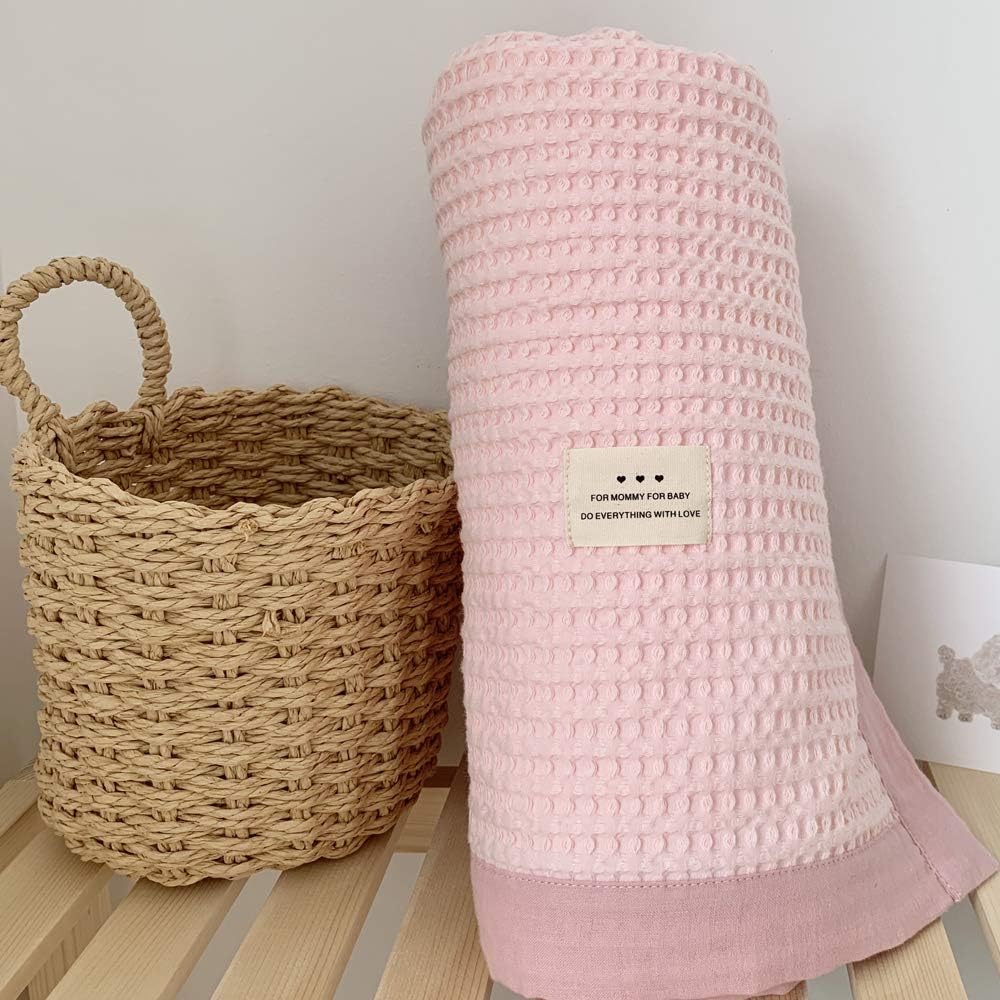 Brandream Cotton Cable Knit Blanket, Baby Nursery Bed Blanket & Stroller Blanket Waffle Throw, 100% Organic Cotton, 36" x 47" (Blossom Pink)