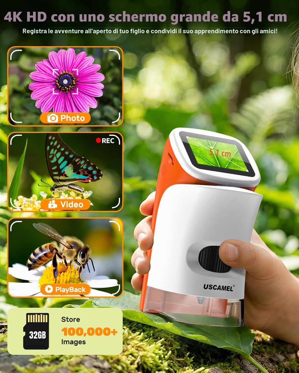 Microscopio per Bambini con Piedi: Microscopi Digitali Mano 100-1000x: Schermo LCD 4K 2,0 Pollici USB Portatile Microscopio tascabile, con Kit Scientifici, 15 Diapositive, Scheda di Memoria 32G