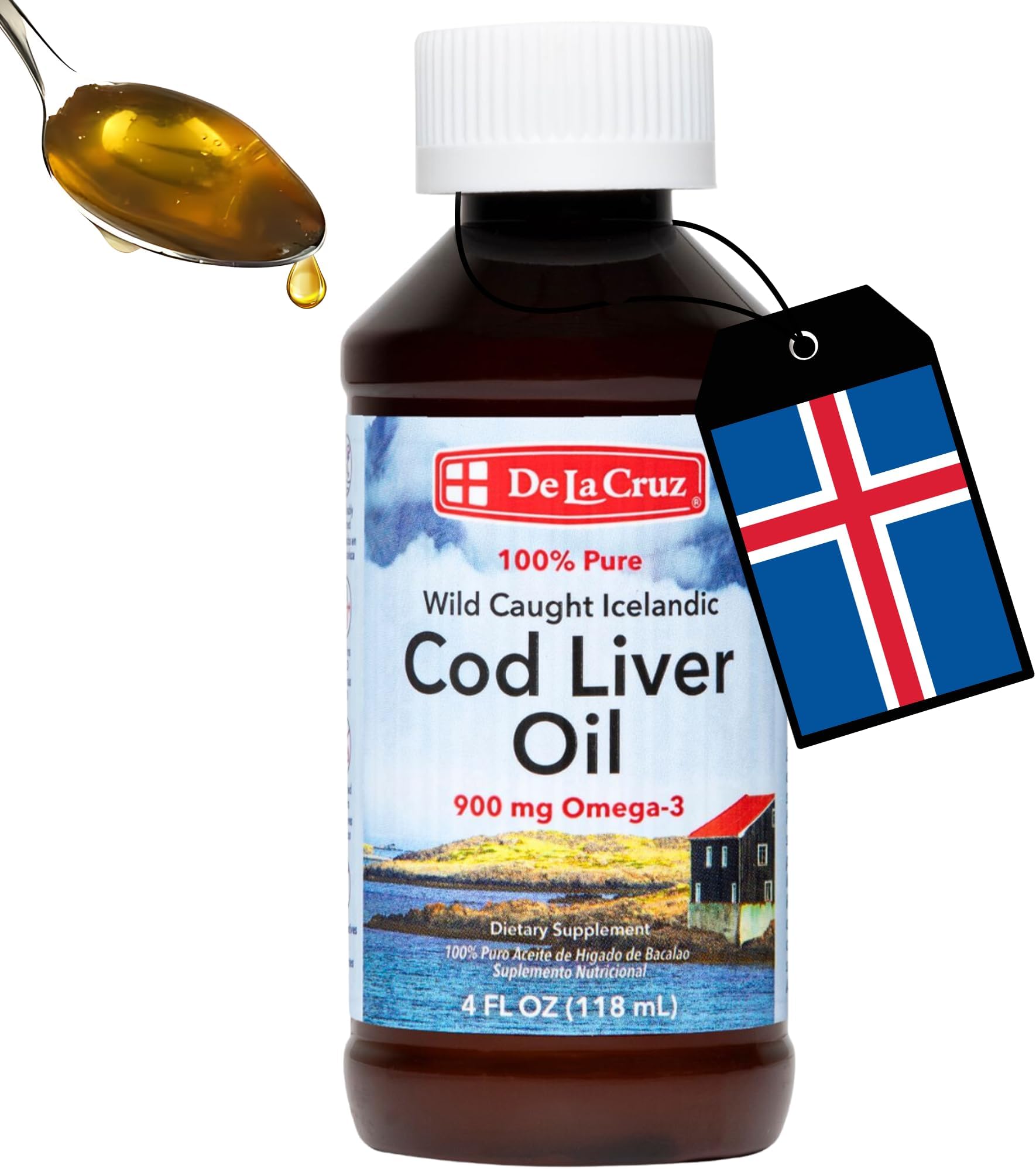 De La Cruz Cod Liver Oil Liquid - Pure Wild-Caught Icelandic Fish Oil 4 FL OZ (118 ml)