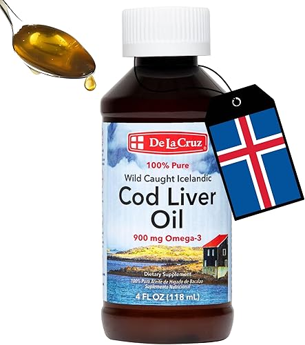 De La Cruz Aceite de hígado de bacalao líquido - Aceite de pescado islandés puro capturado en la naturaleza, 4 onzas líquidas (4.0 fl oz)
