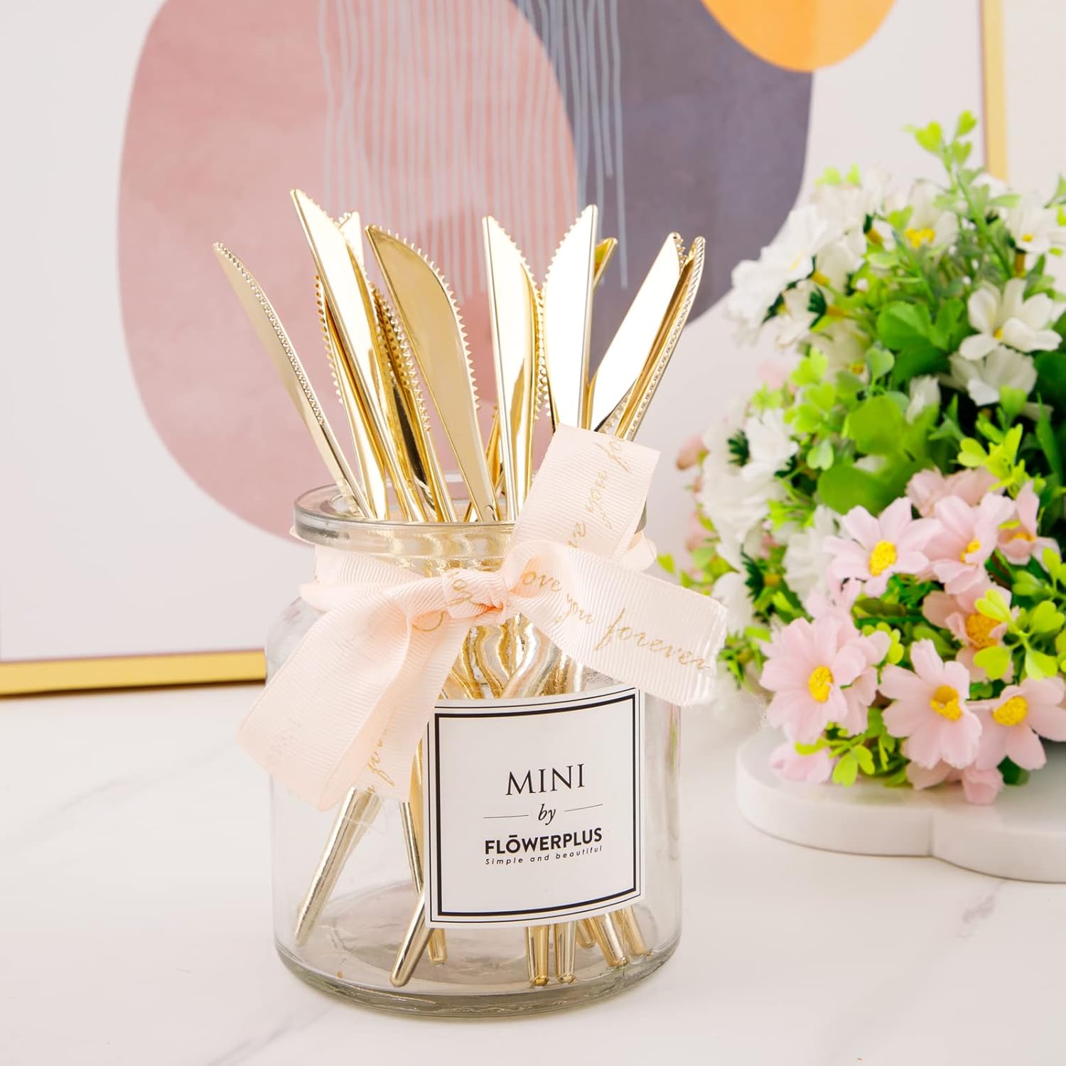 U-QE 180Pcs Gold Plastic Knives, Disposable Heavy Duty Plastic Silverware, Heavyweight Knives, Gold Flatware Perfect For Parties, Weddings and Everyday Use