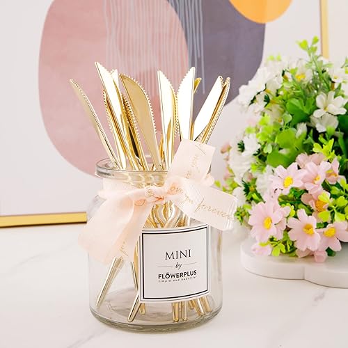 Miniatura 3 de U-QE 180 cuchillos de plástico dorados, cubiertos desechables de plástico resistente, cuchillos pesados, cubiertos dorados perfectos para fiestas,