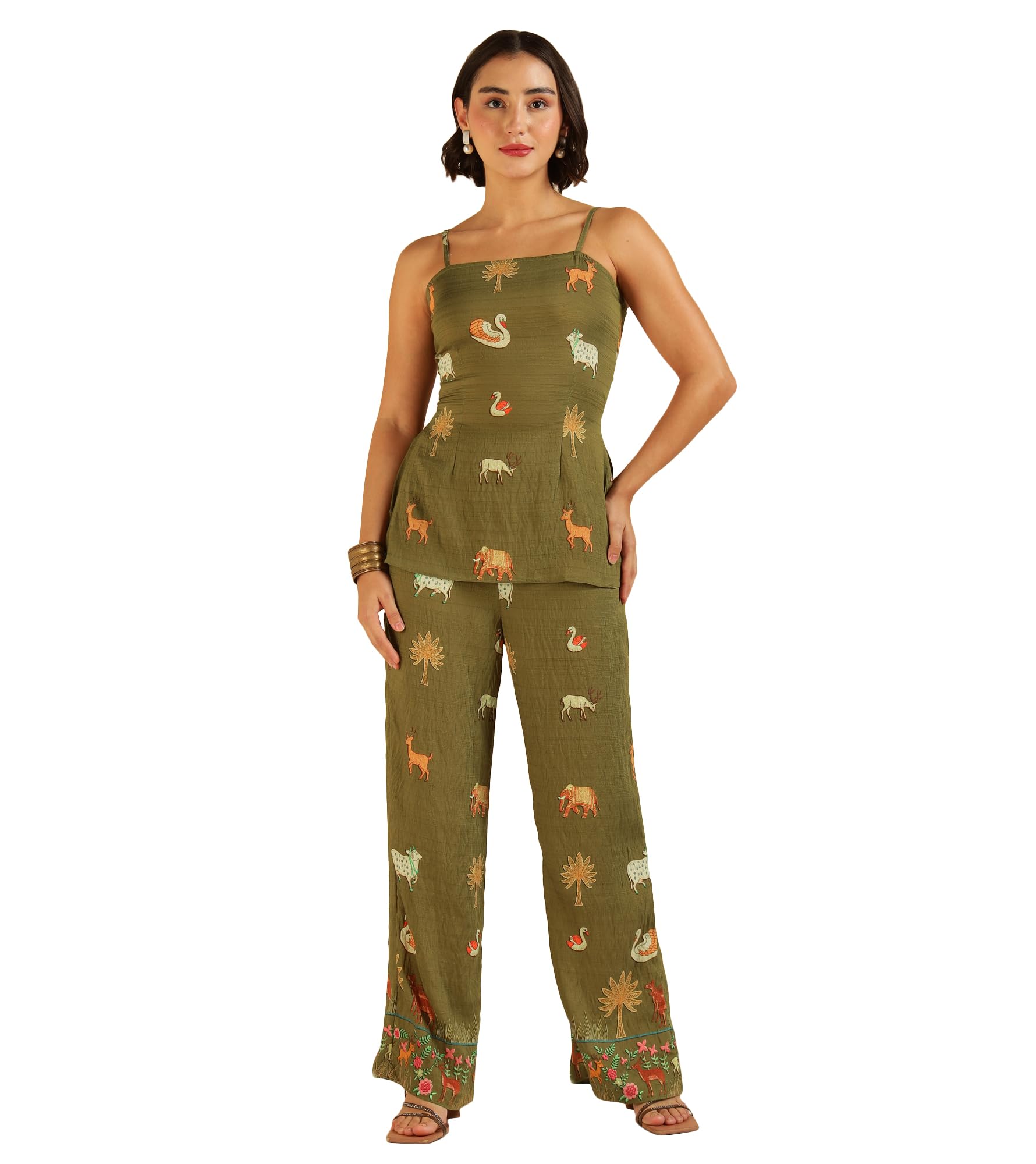Women's Animal Border Nylon Ankle Length Top with Pant Co Ord Set for Women Fashion Stylish|Sleeveless|Shoulder Straps|Long Dress for Woman Two Piece|Casual Wear(Olive Green)-image-44