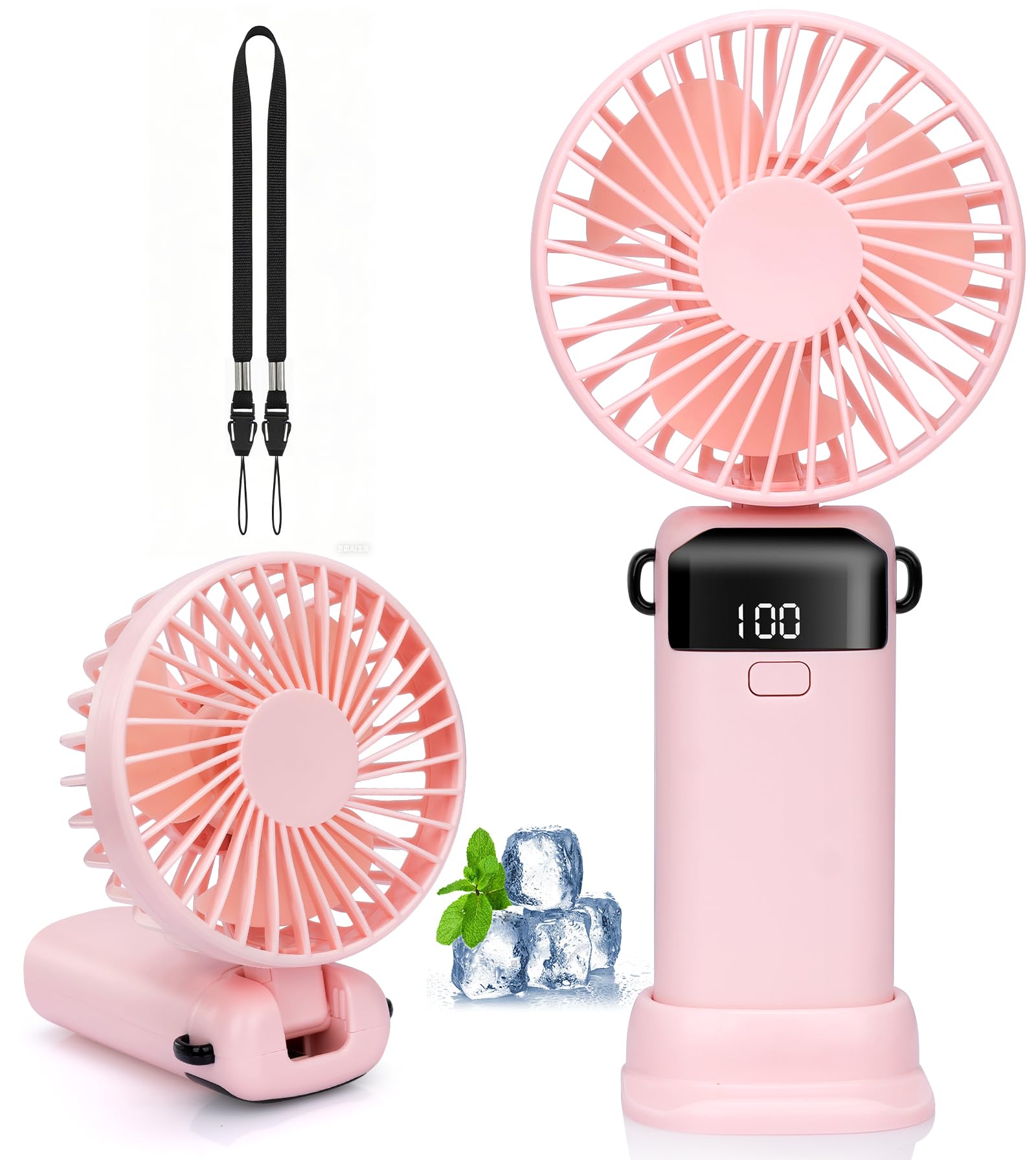 AMZINPRO Handheld Fan,Portable USB Rechargeable Fans with 5 Speeds,Electric Mini Fan Foldable Desk Fans with LED Display for Home Office Bedroom Outdoor Travel（Pink）