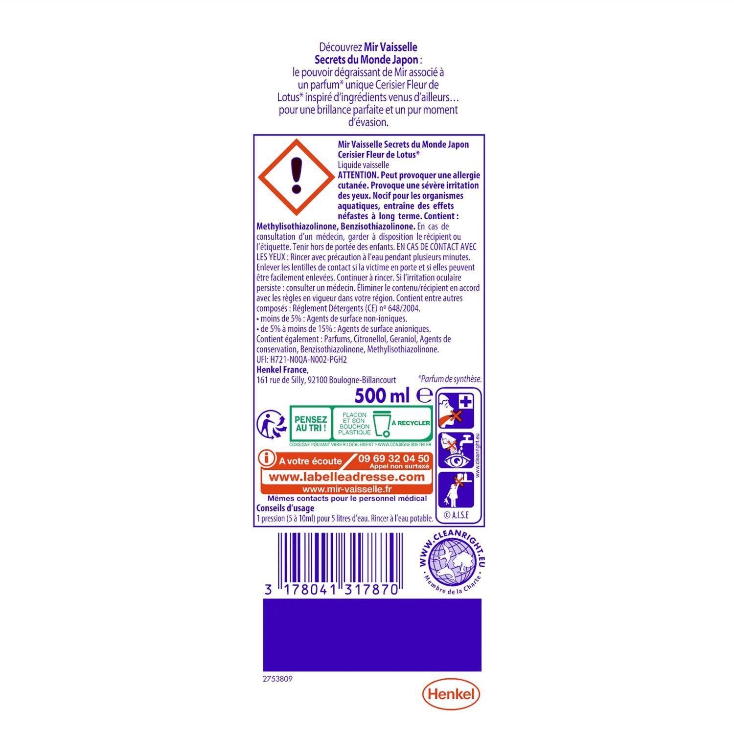 Mir Secrets de Fleurs - Detersivo liquido per stoviglie, con profumo di fiori di ciliegio imperiale, 500 ml, 3 pezzi