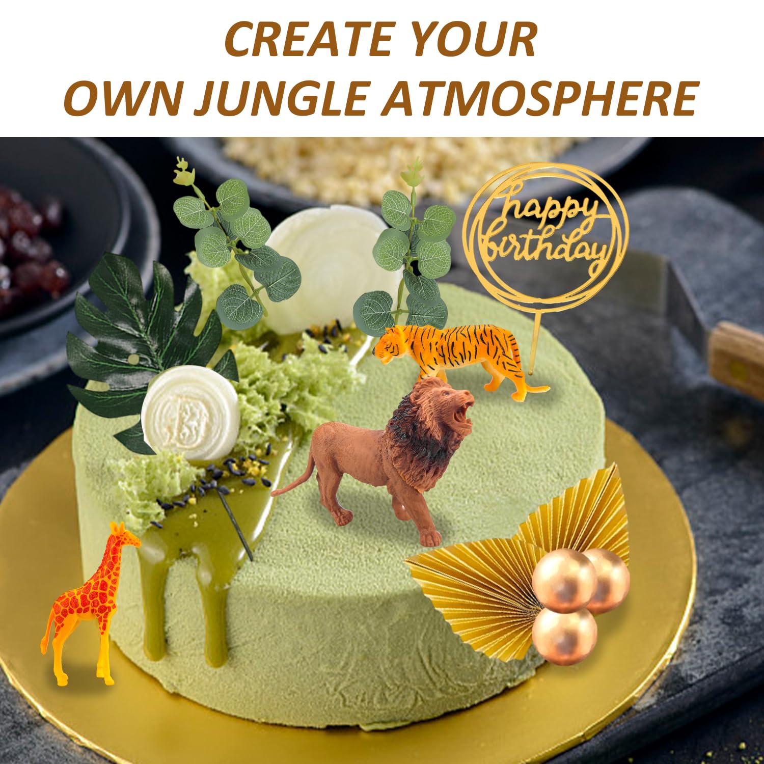 16-teiliges Dschungel-Kuchendekor-Set – 3D Tiere (Giraffe, Löwe Etc.), Goldene Blätter, Für Geburtstagstorten, Wiederverwendbar