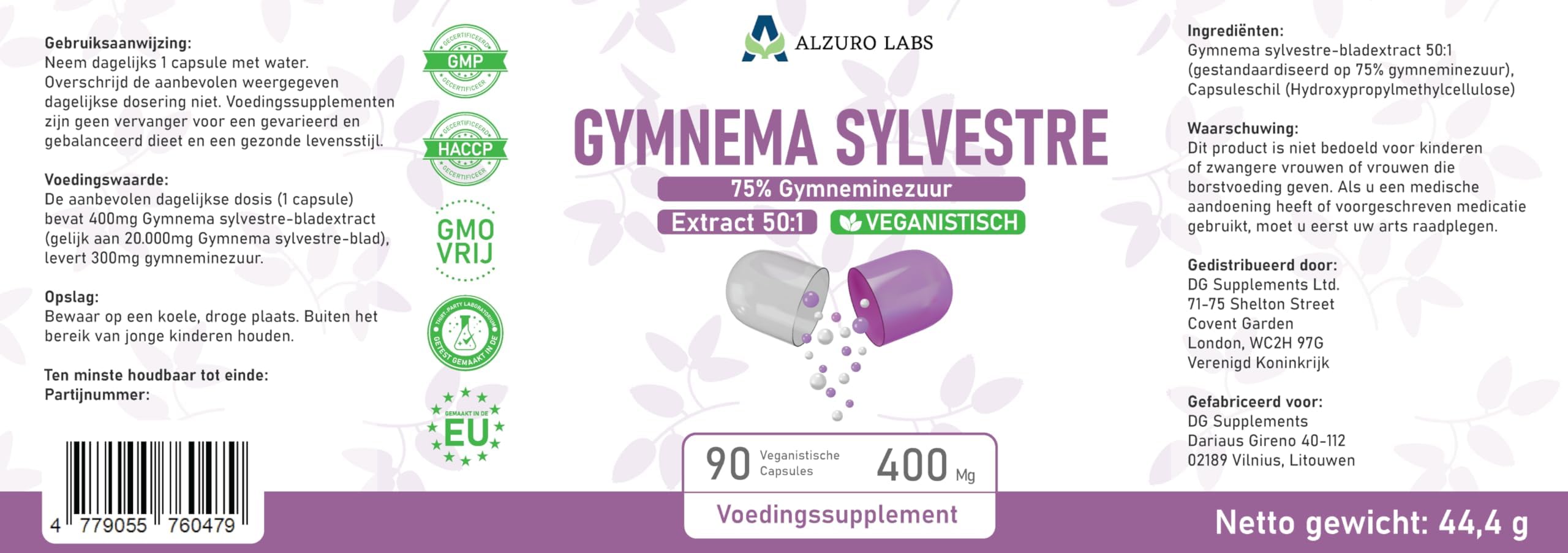 Gymnema Sylvestre | 20,000mg | Estratto 50:1 (400mg) (75% Acido Gymnemico) | 90 Capsule Vegane | GMP & Testato da Laboratorio Indipendente