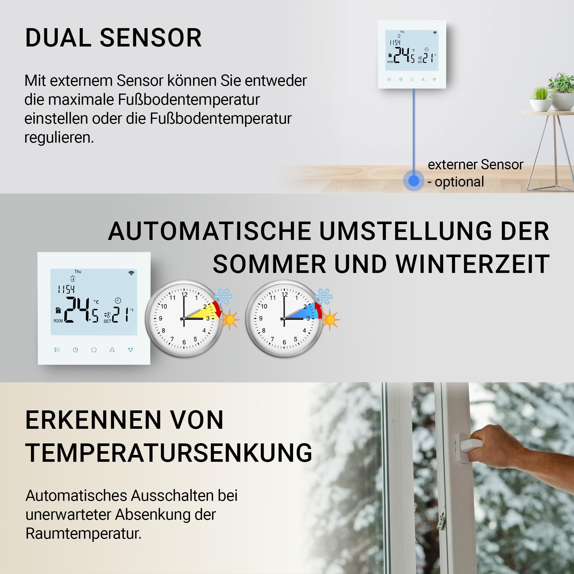 Elektrobock PT740W-EI termostat pokojowy z WiFi, inteligentny termostat do ogrzewania podłogowego i ogrzewania elektrycznego, 6 programów/dzień, wykrywanie geofencingu i otwartego okna | 230 V, 16 A