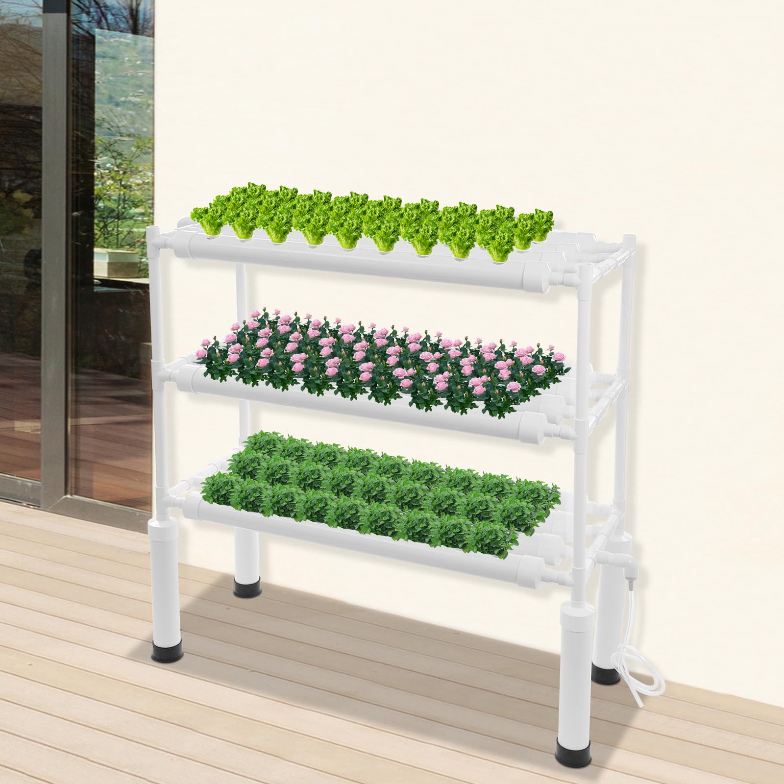 Système de culture hydroponique 108 emplacements pour plantes, kit de culture hydroponique à 3 étages avec pompe à eau et minuterie d'irrigation, étagère verticale en PVC pour légumes, herbes et