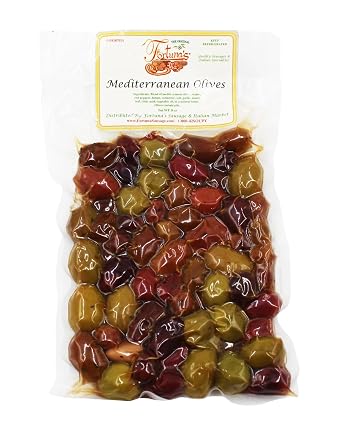 Fortunas Imported Italian Mediterranean Olives - 8 oz Bag of Oil Cured, Nutty Cerignola, Baby Green Calabrese, Kalamata with Red Hot Peppers and Garlic - Crispy and Flavorful!