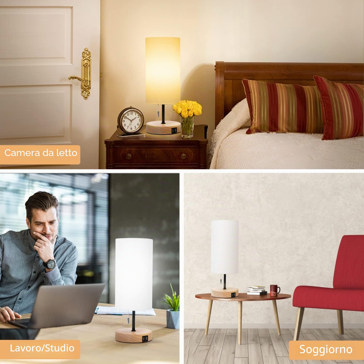Aigostar Lampada da Comodino con 2 Porte di Ricarica USB, Lampada da Tavolo E27 con Interruttore a Tirare, Base in Legno, Lampada da Scrivania per Soggiorno, Camera da letto, Ufficio - Bianca