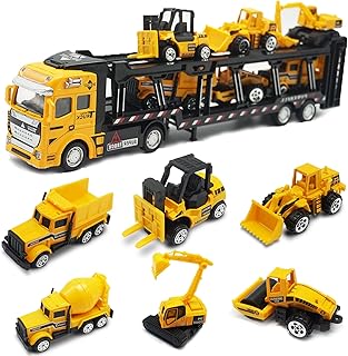 OTONOPI Play Vehicles Die Cast Construction Transport Truck Set Stacker, Big Forklift, Heavy Duty Roller, Excavator, Heavy Transport Vehicle, Engineering Mixer Toy Vehicle Gift for Kids