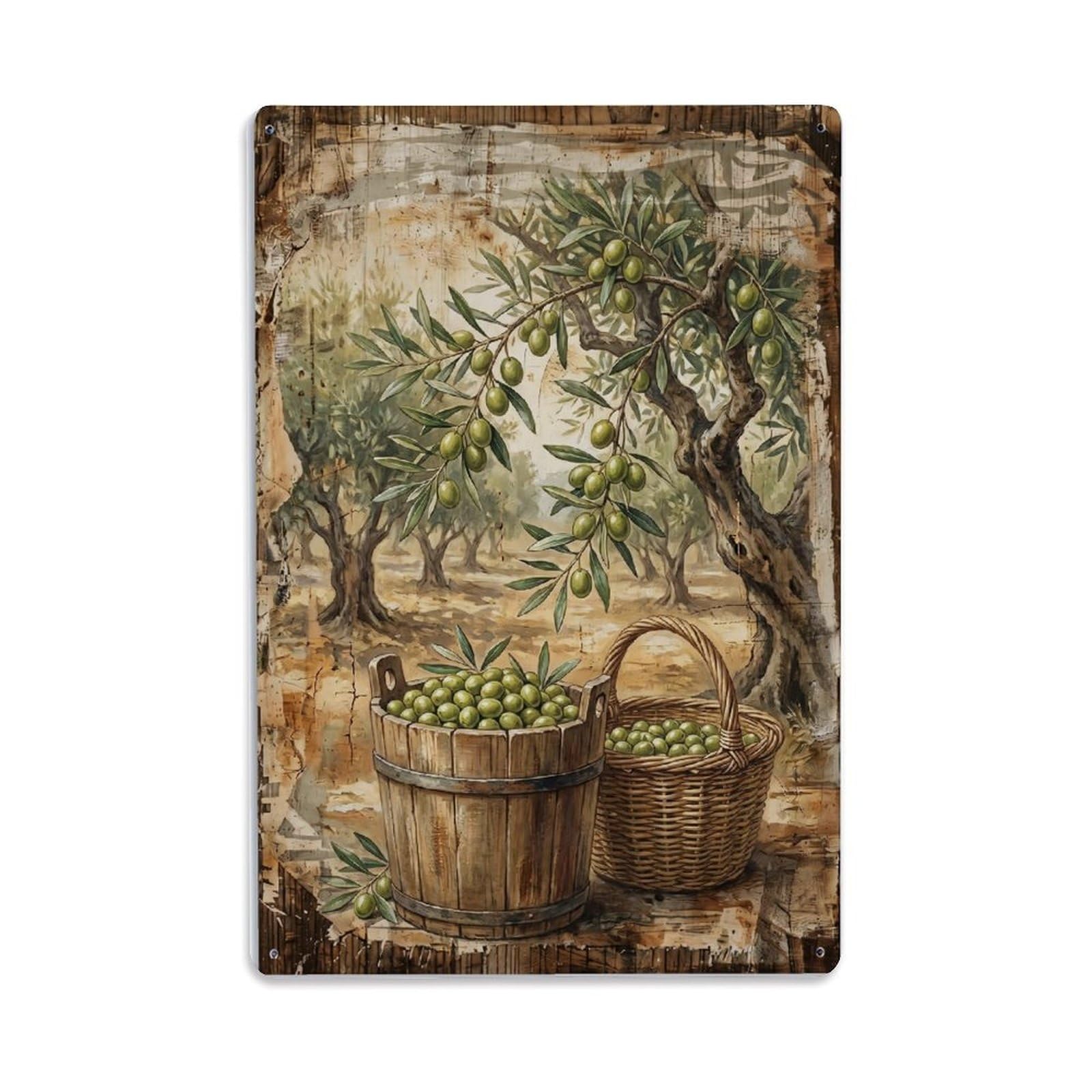 Olive Orchard Harvest Green Fruit Countryside Tree Vintage Metal Tin Sign Plaque Wall Decor for Cafe, Club, Garden Metal Poster 8x12Inch