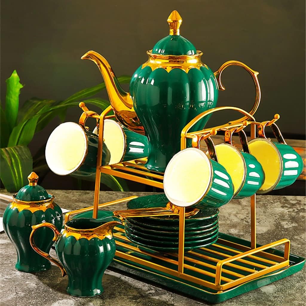 Green Gold Inlaid Bone China Coffee Set Tea Ceramic Pot Teapot Cup European