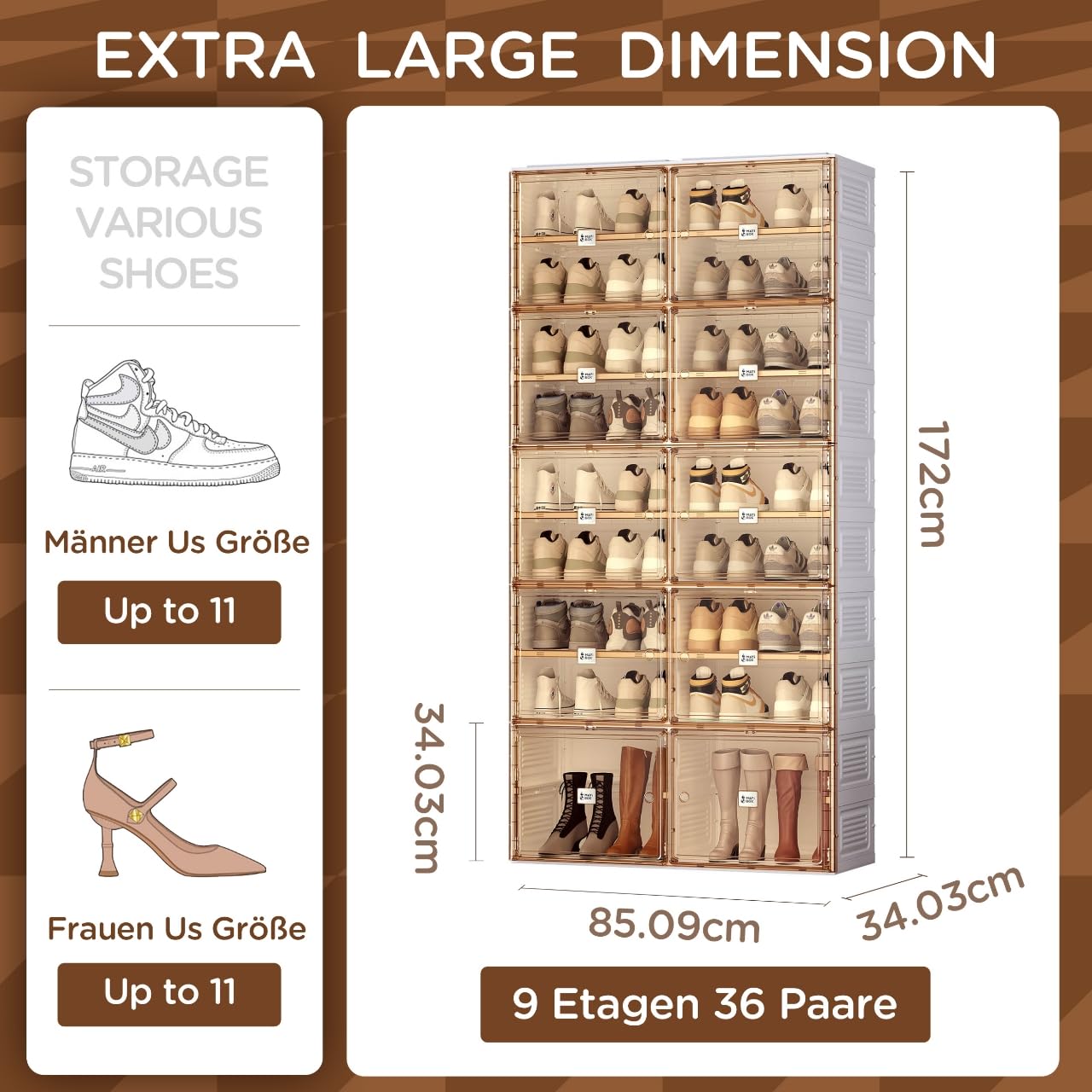 klappbarer Schuhschrank,Transparente Schuhboxen, stapelbar, 10 Stück mit magnetischer Tür, für Stöckelschuhe, Stiefeletten, Pumps (2 Spalten 10 Schichten 38 Paar)