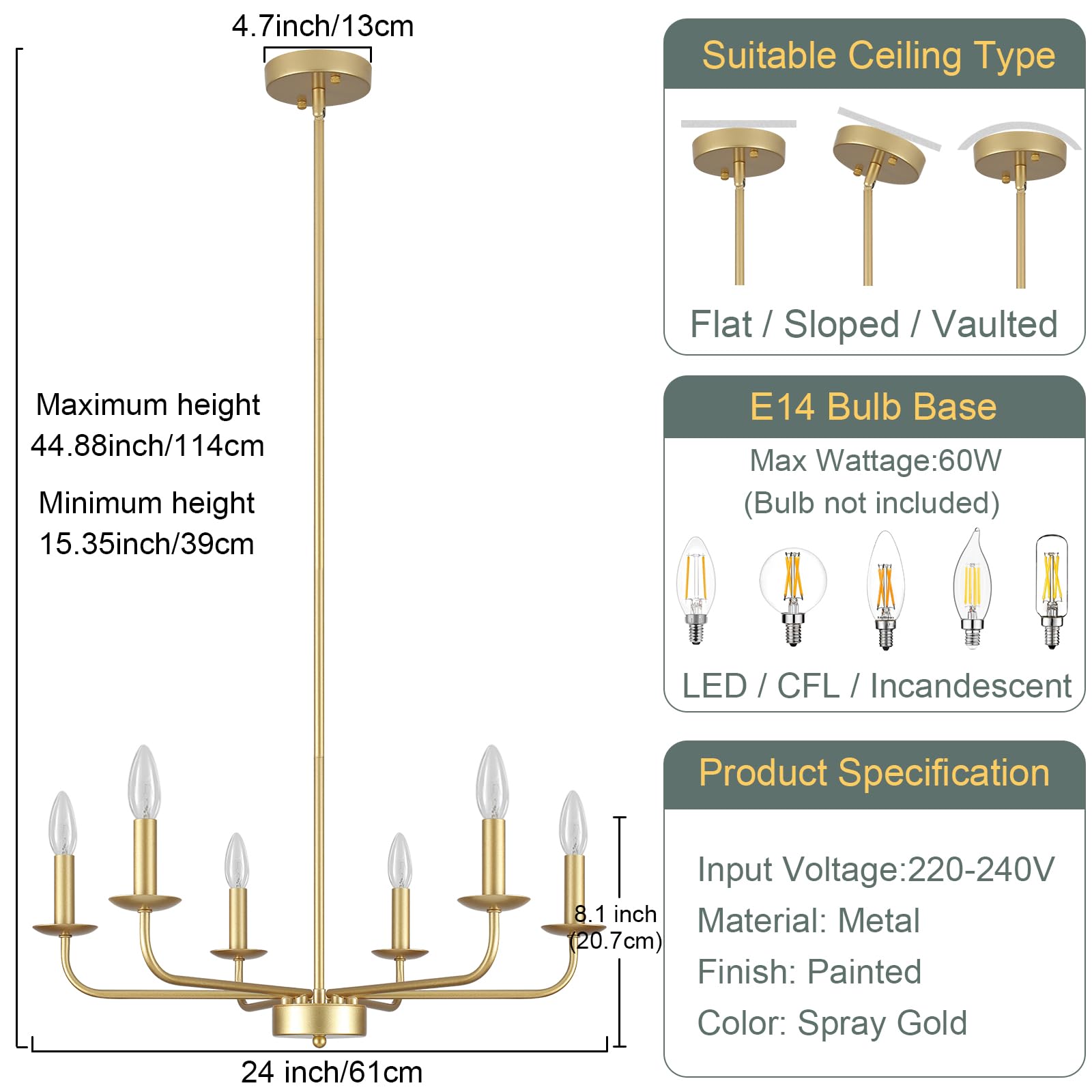 Lustre Salon Industriel Vintage Doré, 6 Lumières Classique Moderne Bougie Suspensions D'éclairage, Métal Lustre Salle à Manger Avec Douille E14, Lustres Or pour Chambre, Cuisine, Couloir