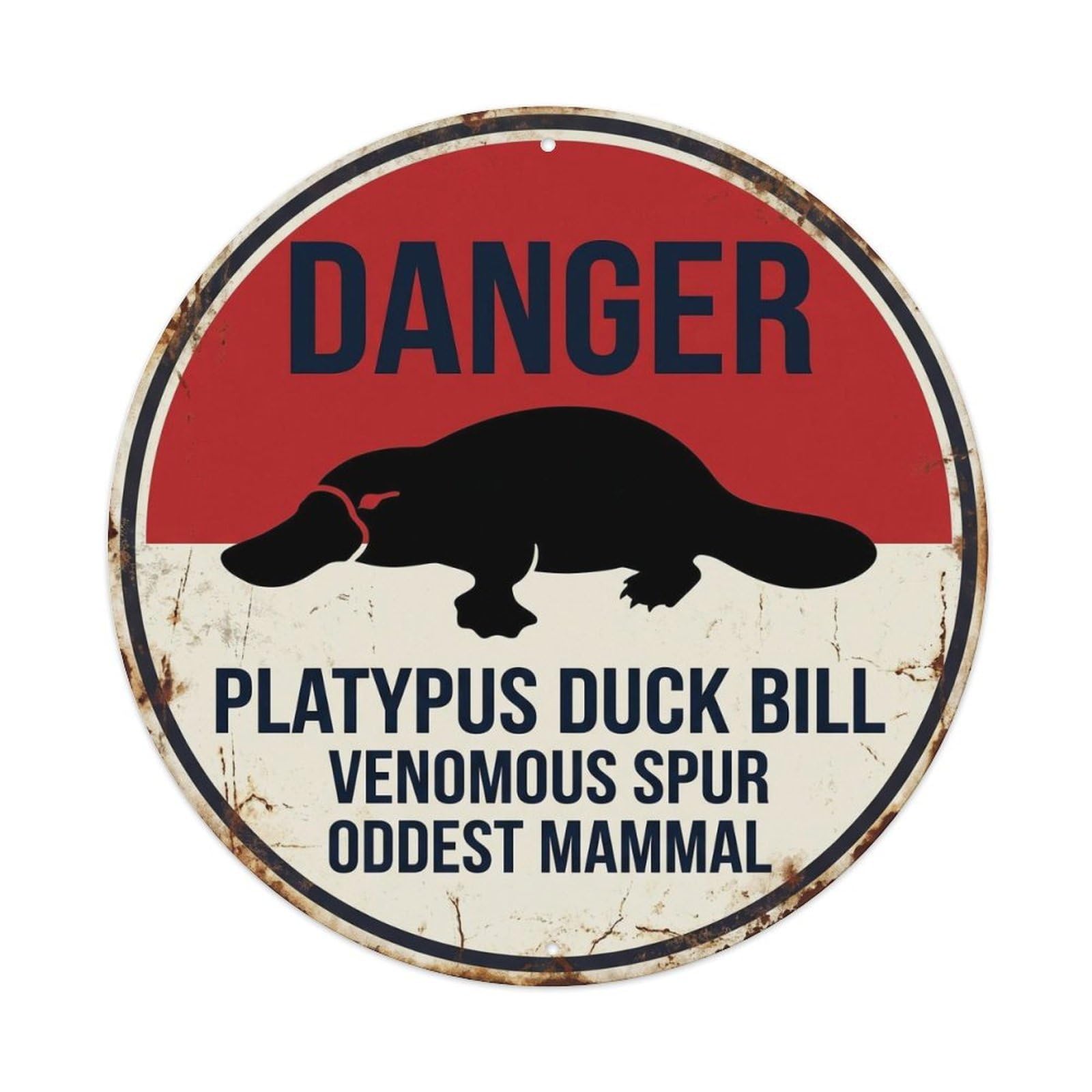 Wildlife Distressed Platypus Duckbill Warning Symbol Spoof Metal Tin Sign Plaque Wall Decor for Cafe, Man Cave, Club Bar, Office, Home Garden Round Metal Poster 8x8Inch