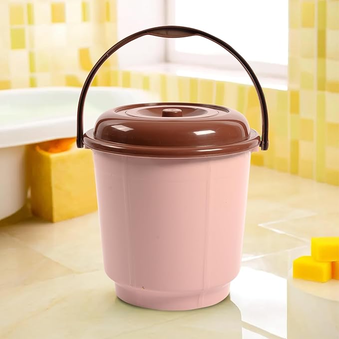 Urbane Home 18 Liter Bathroom Bucket With Lid & Handle - Plastic Balti for Daily Use and Water Storage - Peach