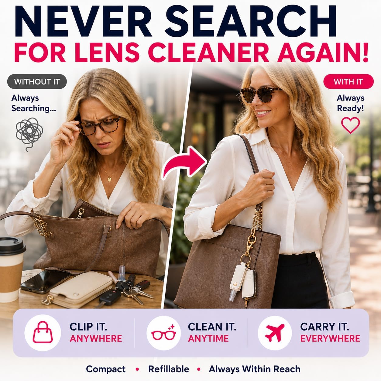 White Glasses Cleaner Keychain Bundle – Refillable Lens Spray Bottle Keychain with 8 oz Refill, 2 Microfiber Cloths, Purse Backpack Clip-On Cleaner for Eyeglasses