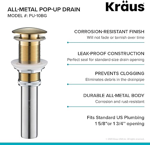 Miniatura 42 de KRAUS Desagüe emergente para lavabo de baño con rosca extendida para encimeras más gruesas y fregaderos de vidrio en acero inoxidable sin manchas