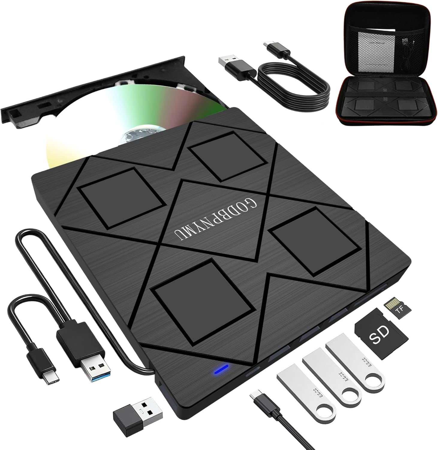 8-in-1 Extemal CD/DVD Drive for Laptop,USB 3.0 & Type-C Portable CD/DvD Burner with SD/TF Card Reader DVD Player with Carrying Case Compatible with Laptop PC, MacBook Pro/iMac Windows 11/10/8/7 Linux
