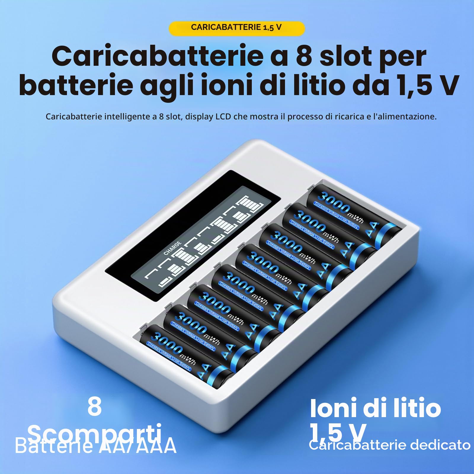 CITYORK Caricabatterie da 8 slot per Carica Batterie Ricaricabili AA AAA agli Ioni di Litio, con Display LCD, Ricarica Rapida USB e Slot Indipendente