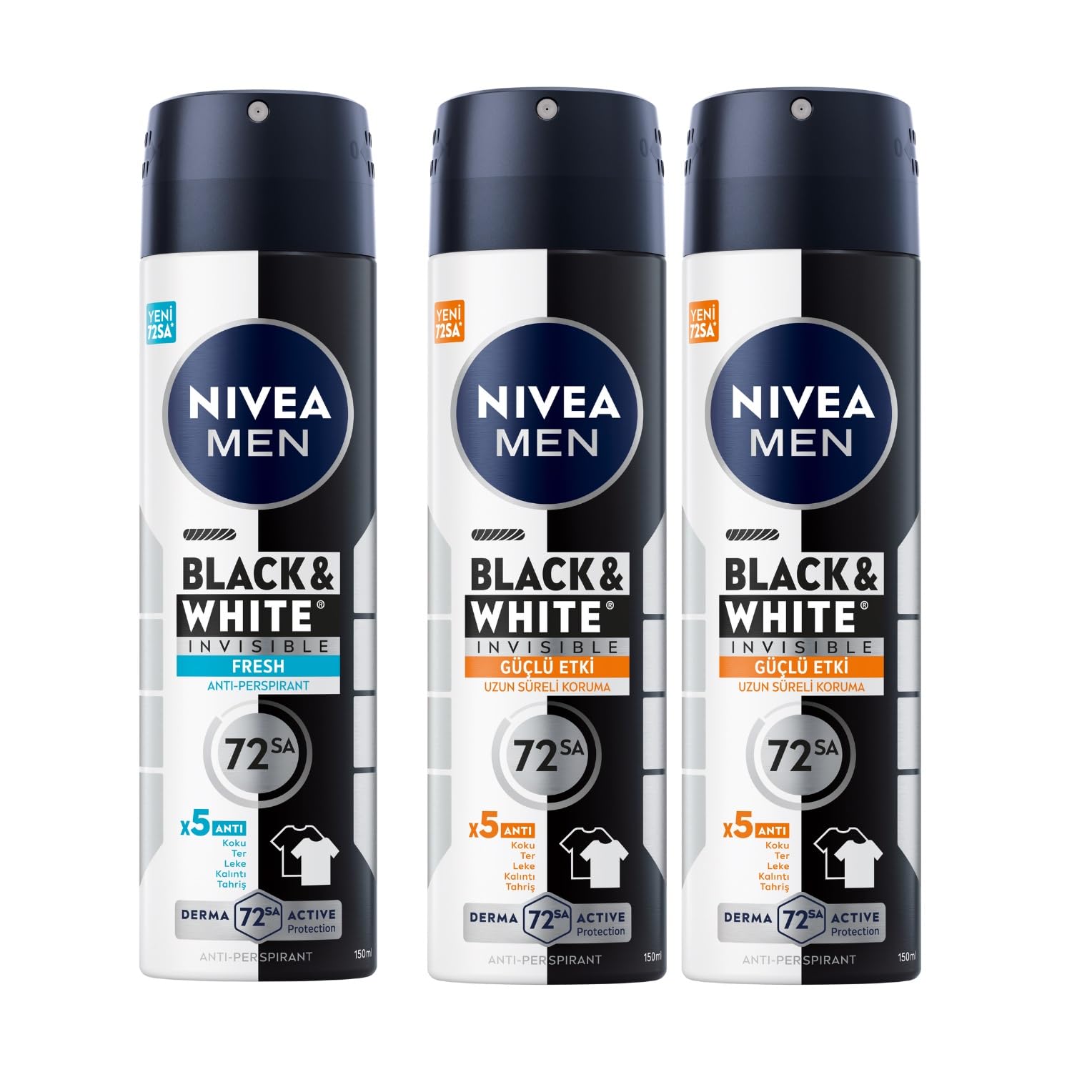 NIVEA Men Erkek Sprey Deodorant Black& White Invisible Fresh 48 Saat Anti-Perspirant Koruma (150 ml) + NIVEA Men Erkek Sprey Deodorant Black & White Invisible Güçlü Etki 48 Saat (150ml) X2