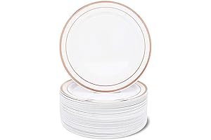 Juvale White Plastic 7.5-Inch Appetizer/Dessert Plates with Rose Gold Rim