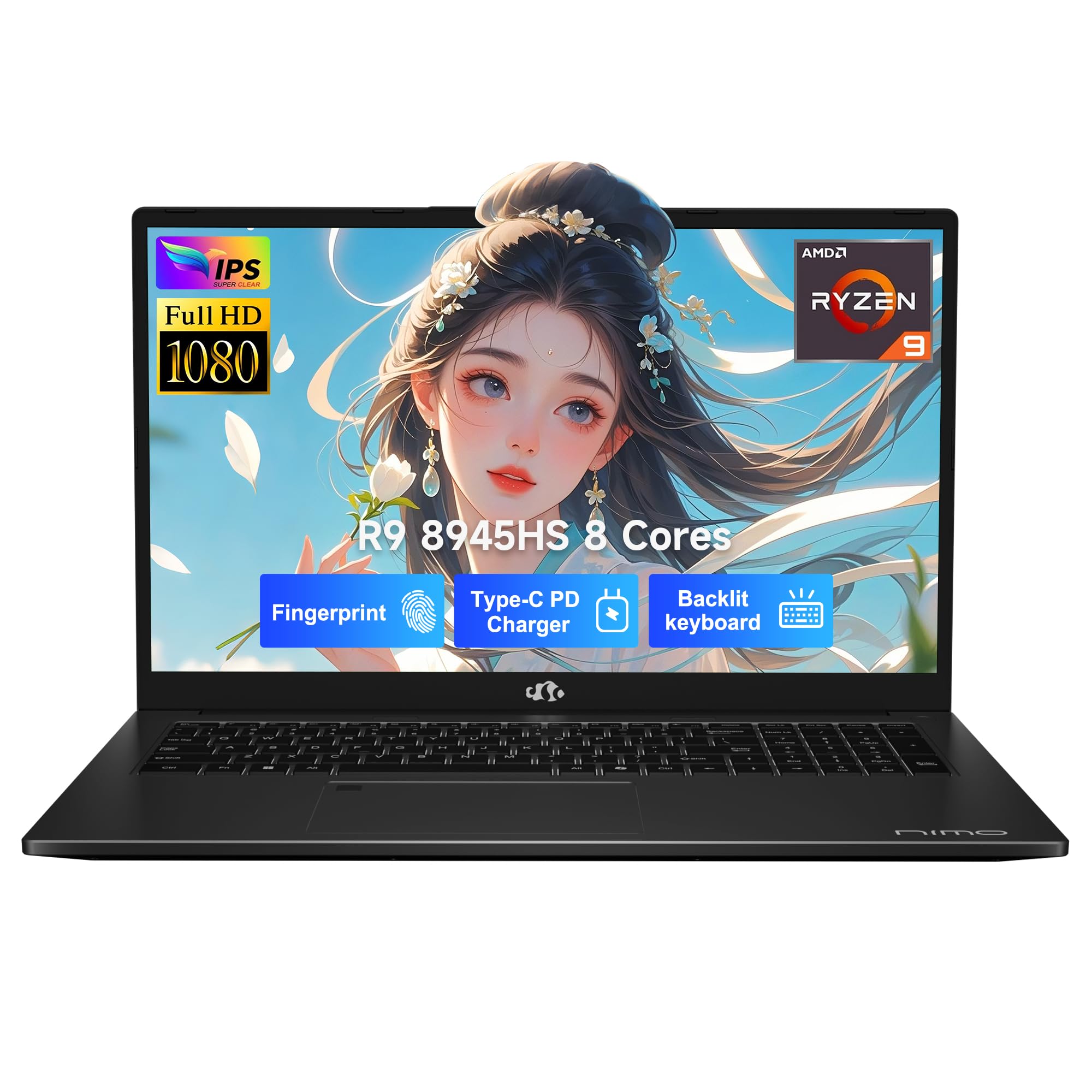 NIMO 17.3 Gaming-Laptop Ryzen 9 8945HS (Beat i9-13900H, Up to 5.2GHz) 32GB RAM, 1TB SSD, Radeon 780M, PD 100W Type-C AI-Enhanced for Copilot VR Ready, 75W Battery, Backlit Keyboard, Fingerprint