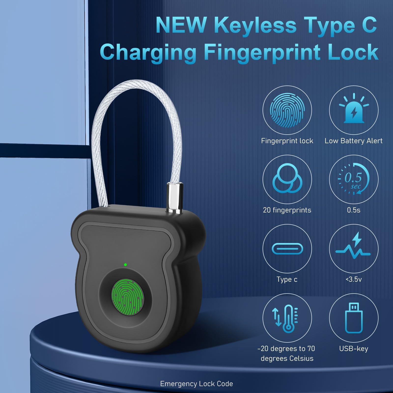 BlumWay Cadenas à empreintes digitales, verrouillage intelligent sans clé, déverrouillage 0,5 s, 20 empreintes digitales, clé USB, code de déverrouillage d'urgence, avertissement de faible puissance