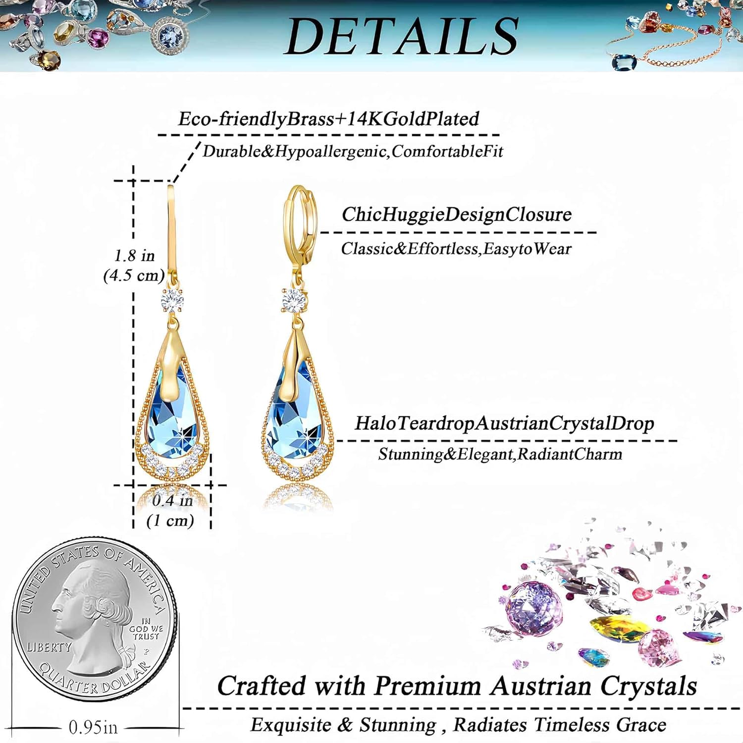 Trendy Austrian Crystal Teardrop Drop Huggie Dangle Earrings for Women 14k Rose Gold Plated Hypoallergenic Jewelry Gifts - Image 4