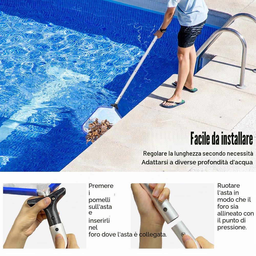 Retino per Pulizia Piscine,Professionale Retino Piscina,Retino per Piscina con Manico Telescopico,Retina Raccogli Foglie per Piscina Contelaio in Alluminio,Rete a Maglia Fine,Skimmer per Piscina