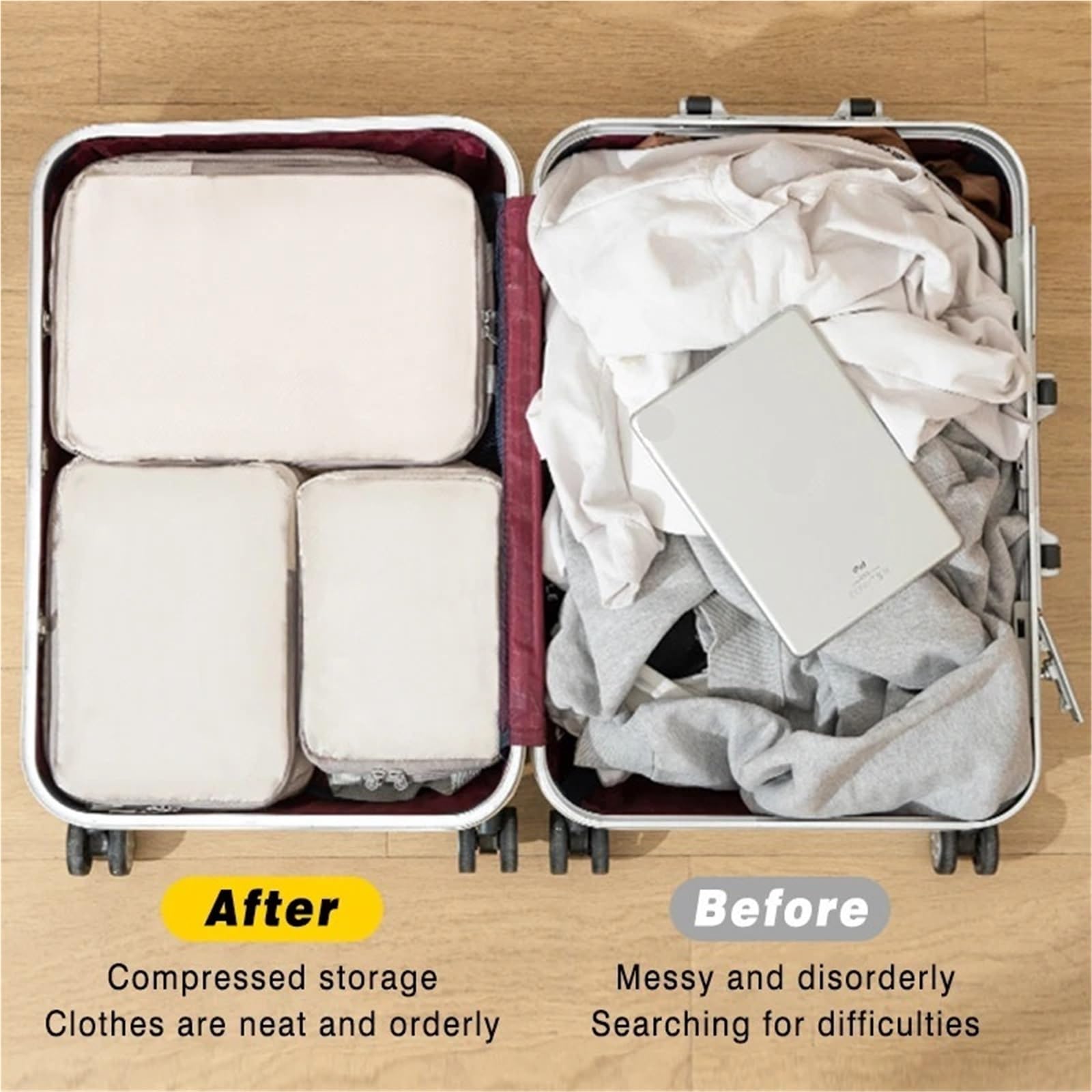 2 set/8 pezzi di cubi compressione portatili da viaggio, borse organizer impermeabili for valigie, vestiti Organizer per valigie(Black)