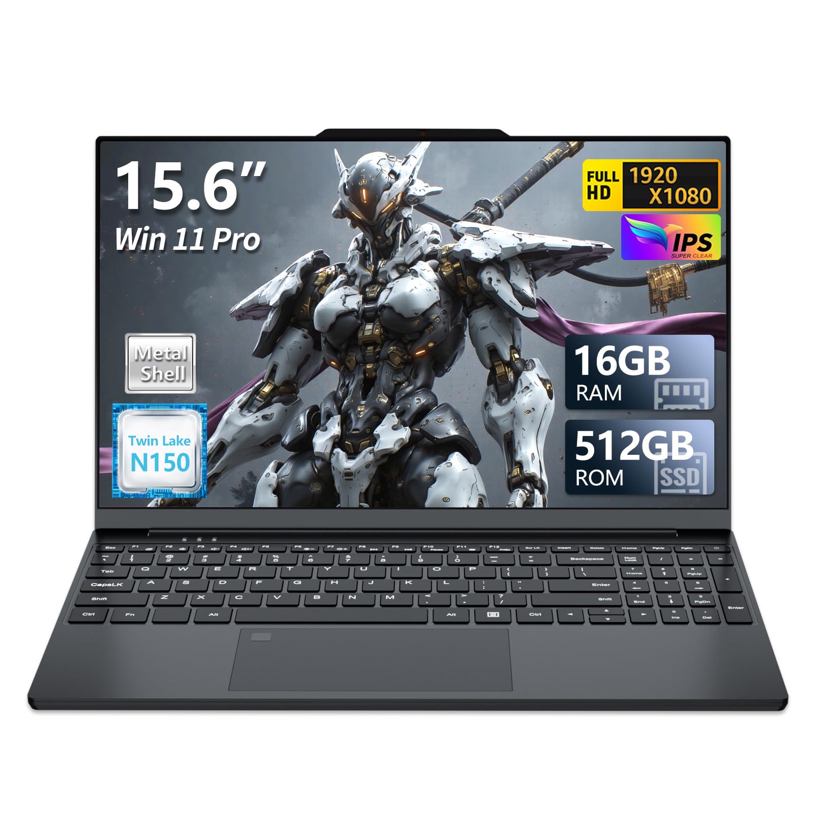 15,6 Pouces Ordinateur Portable, Win 11 PC Portable 16Go RAM DDR4 512Go SSD, CPU Twin Lake-N150, Clavier Rétro-éclairé+Déverrouillage Empreinte, Laptop1080P Écran, WiFi5+Mini-HDMI+USB3.0+BT4.2+Webcam