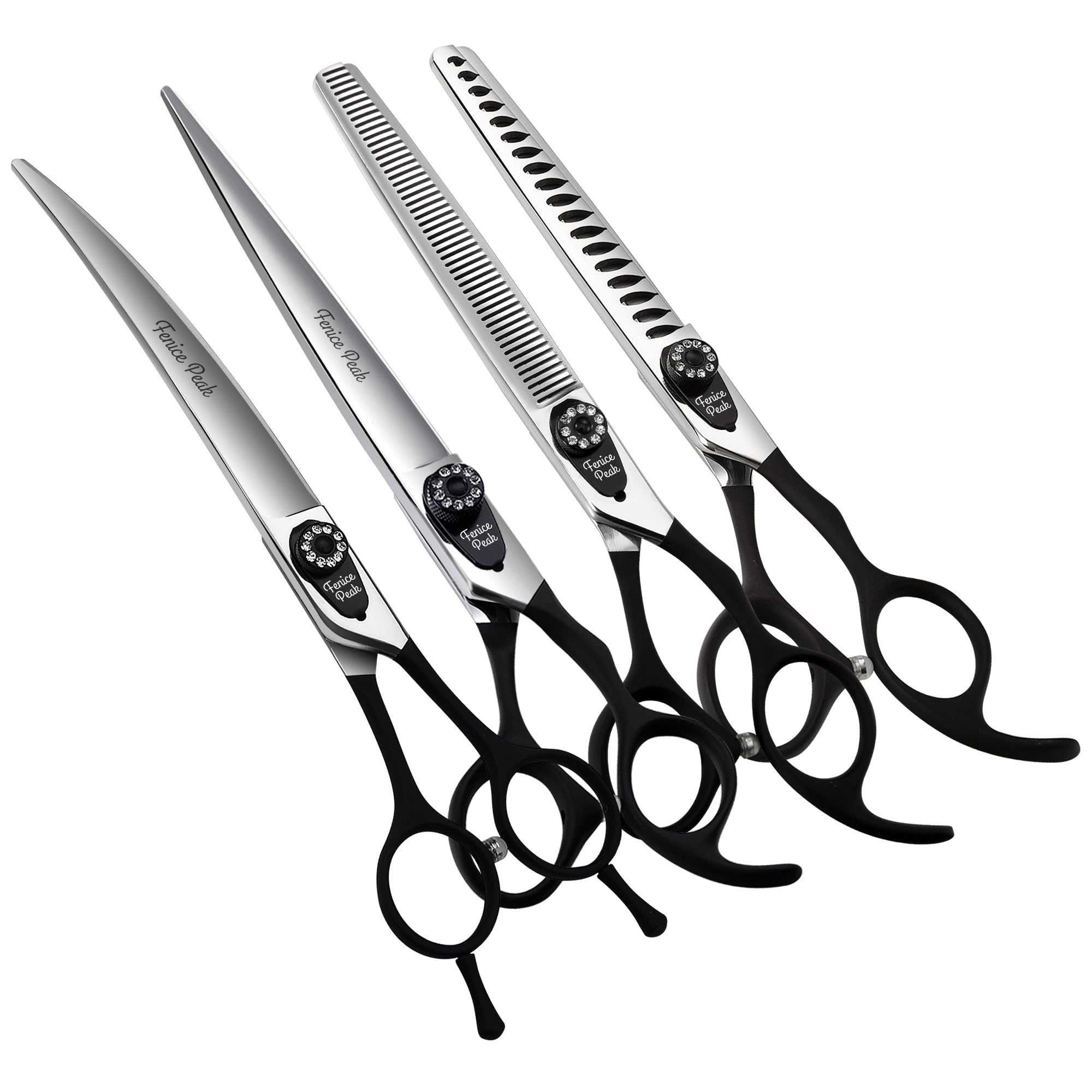 Fenice Peak 8.0'' Professional Dog Grooming Scissors Set with Black Non-Slip Handle 440C Stainless Steel Straight Thinning Curved Chunker Shears 4pcs Set for Pet Grooming Services