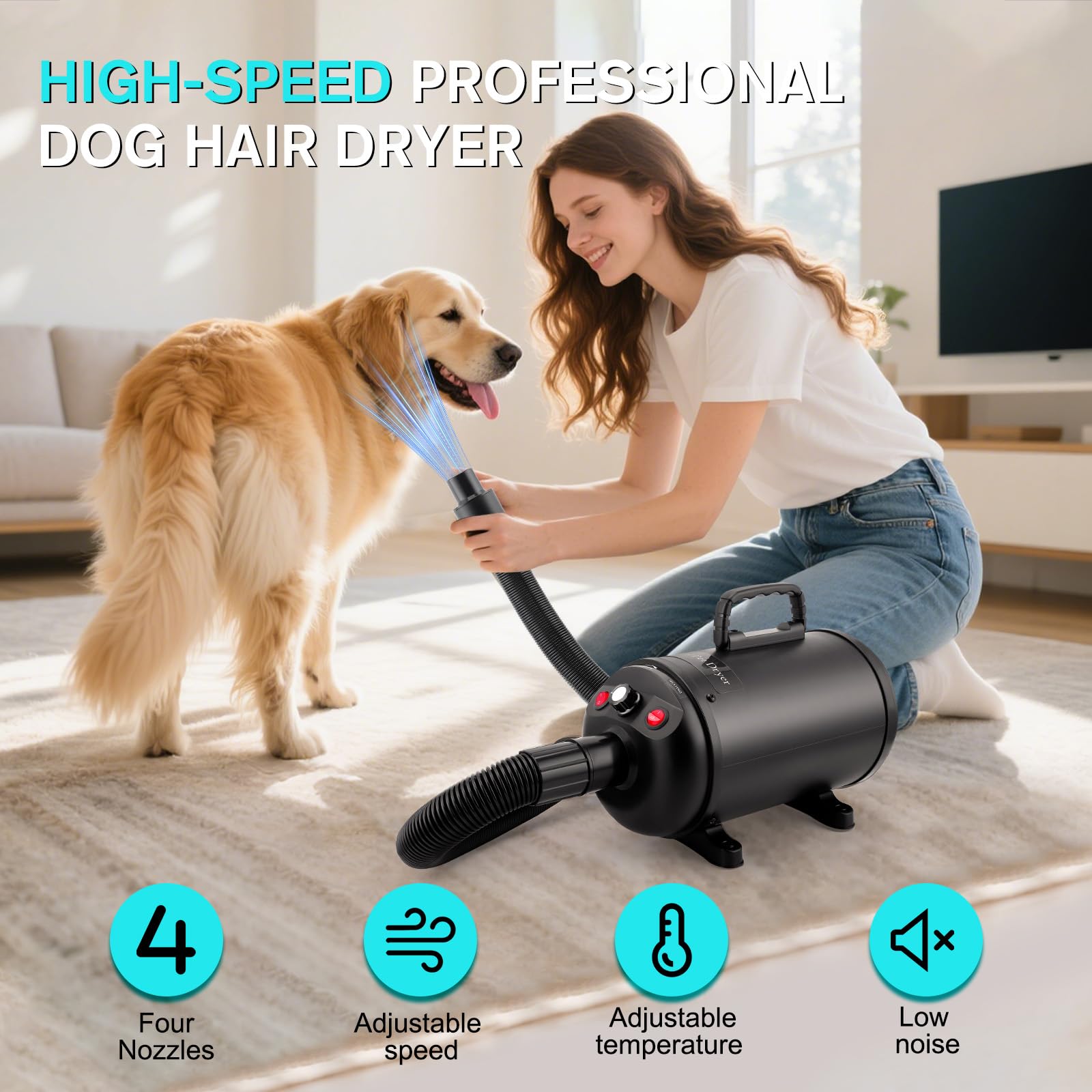 Secador de Pelo de Perro Blaster 5.2 CV / 3800 W, Profesional Secador de Pelo para Mascotas con 4 Boquillas, Velocidad y Calor Ajustables