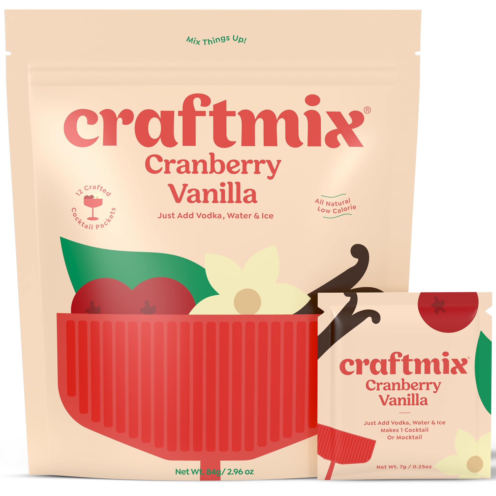 Craftmix Cranberry Vanilla Mix, Makes 12 Drinks, Cranberry Cocktail Mixer, Instant Skinny Cocktail and Mocktail Mix - With Real Fruit - Vegan Low Carb, Low Sugar, Non-GMO, Gluten Free, Easy to Mix