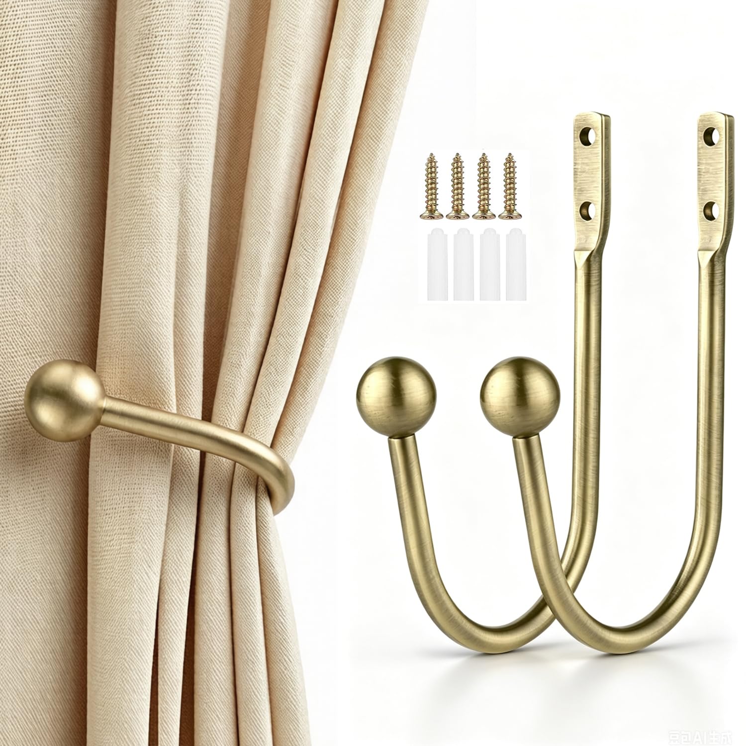XxinXrong Metal Curtain Holdbacks, 2 Pcs Curtain Drapery Holdbacks, Curtain Tieback Hooks, Wall Mounted Window Curtain Holder Hooks, Drapery Holdbacks for Fixed Curtain or Hanging Items (Brass)